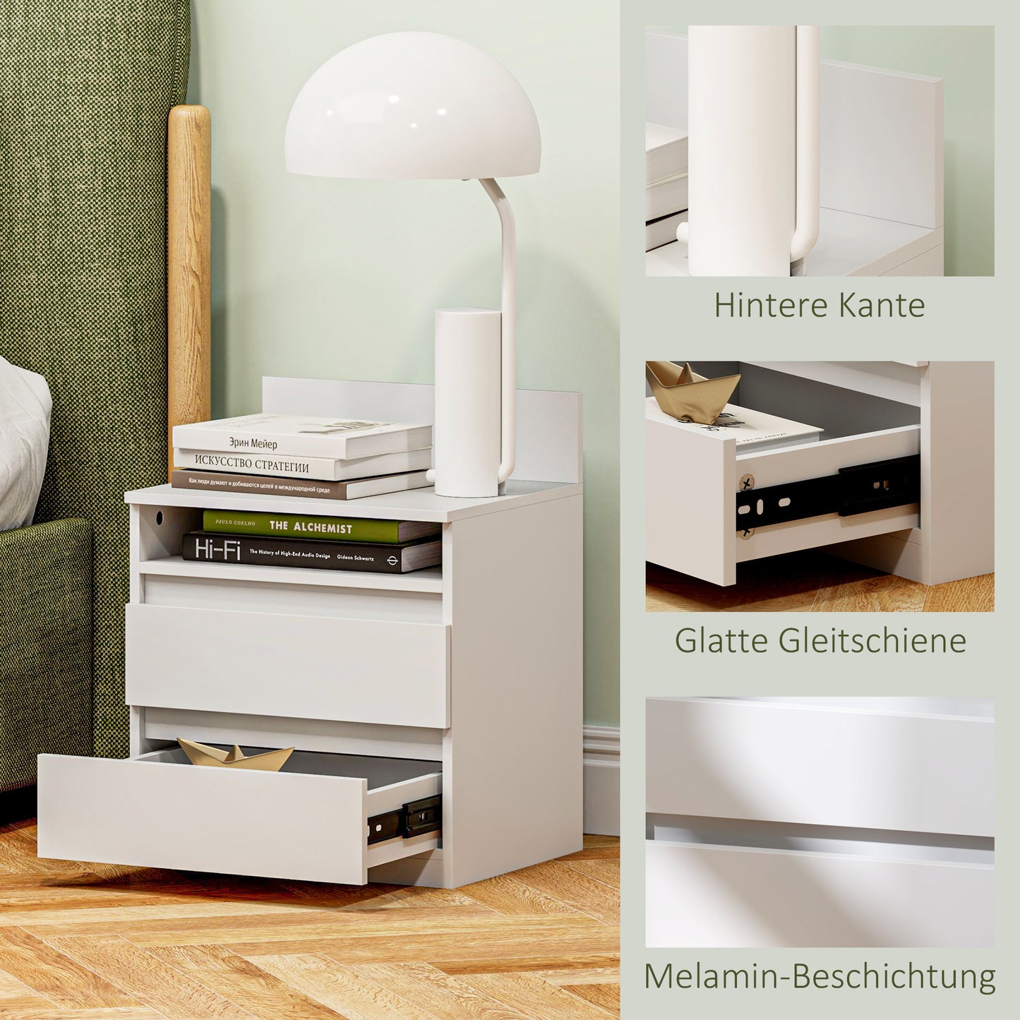 Nachtkastje – Nachtkastjes – Bedkastje – Slaapkamerkastje – Wit – 2-delige Set – Modern Design – Lade en Open Plank – Compact Formaat