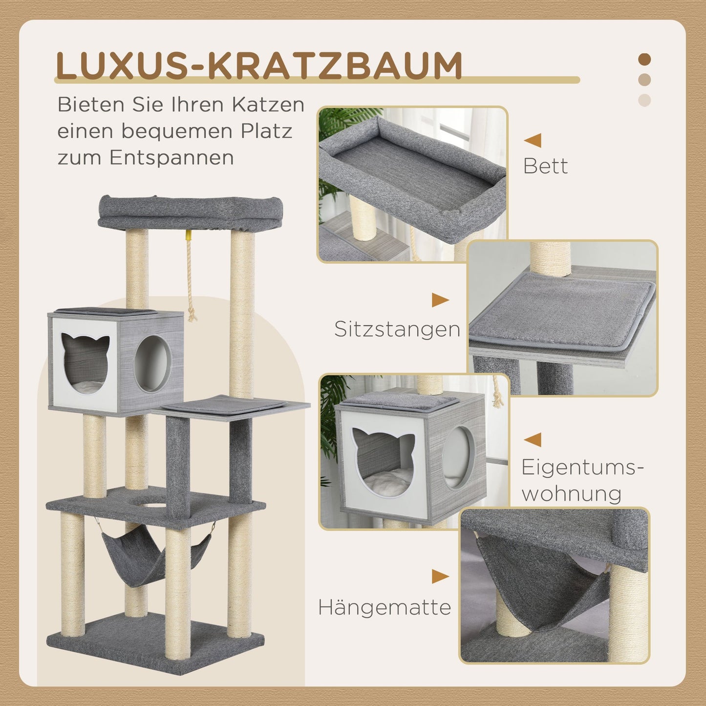 Krabpaal – Kattenboom – Krabmeubel – Kattenhuis – Kattenmand – 155 cm Hoog – Met Hangmat en Sisal Krabpalen