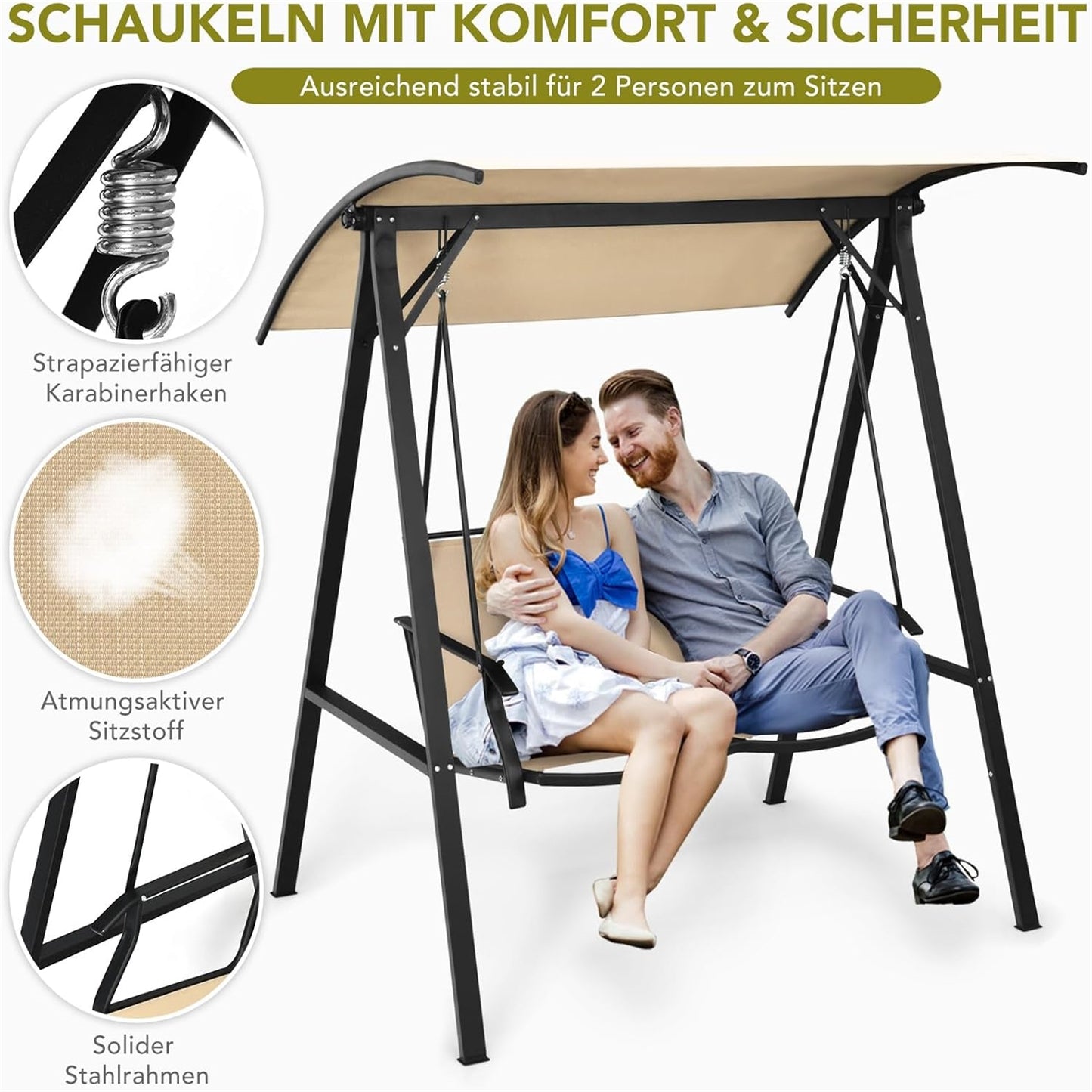 Tuinschommel – Schommelstoel – Tuinbank – Patio Schommel – Buitenschommel – Verstelbaar Dak – Stabiel Metalen Frame – 2-Persoons Zitplaats 101x49 cm