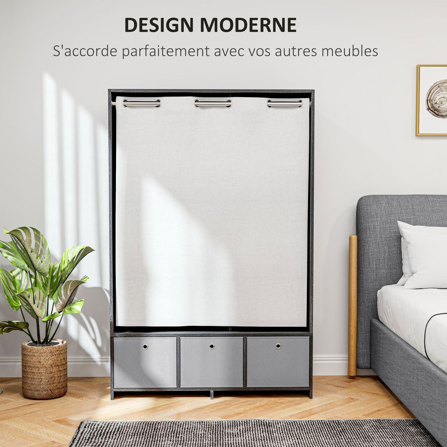 Kledingkast – Kast – Garderobekast – Kledingopslag – Slaapkamerkast – Met Gordijn – 117,5 cm Kledingroede – 3 Uitneembare Stoffen Lades – Zwarte Houtlook – 105x48x160 cm