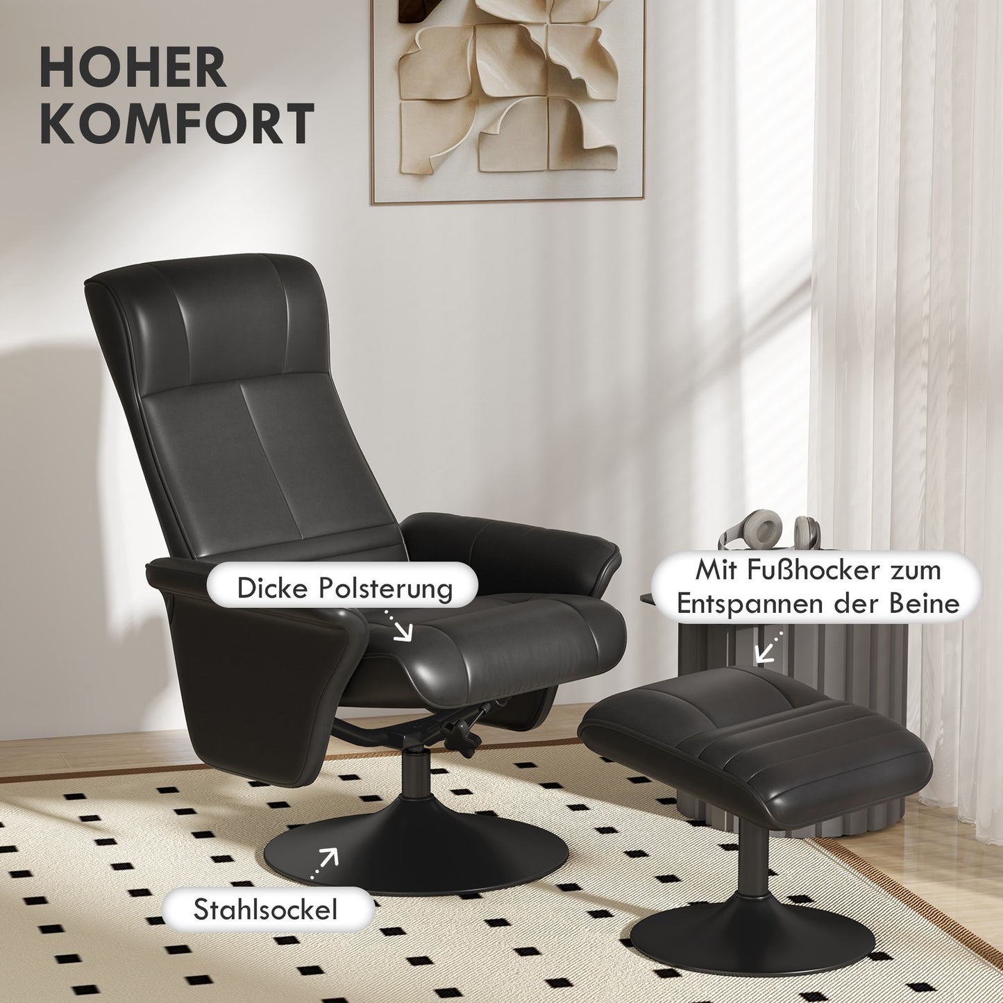 Draaifauteuil – Fauteuil – Accentstoel – Relaxstoel – Stoel Met Hocker – Zwart – Ergonomisch Ontwerp – Microvezel Look – Draagkracht Tot 150 kg