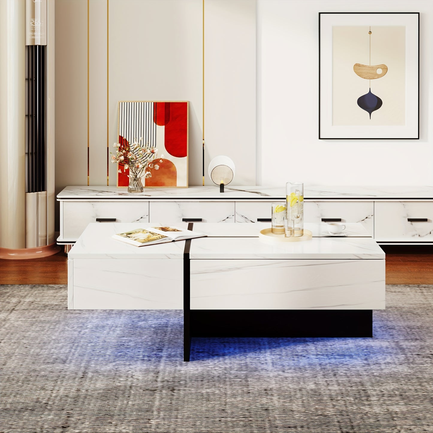 Hoogglans Salontafel – Woonkamertafel – Koffietafel – Bijzettafel – Tafeltje – Marmerlook Wit – Zwarte Accenten – 100x50x34,5 cm – Duurzaam Hardhout