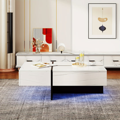 Hoogglans Salontafel – Woonkamertafel – Koffietafel – Bijzettafel – Tafeltje – Marmerlook Wit – Zwarte Accenten – 100x50x34,5 cm – Duurzaam Hardhout