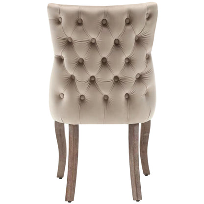 Eetkamerstoel – Woonkamerstoel – Gestoffeerde Stoel – Kuipstoel – Lounge Stoel – Beige Fluweel – Unieke Knoprug – Massief Houten Gebogen Poten