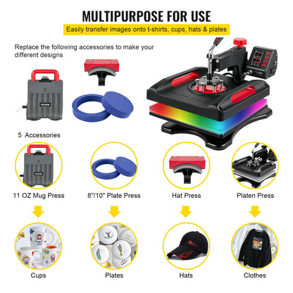 5-in-1 Hittepers – Hittepers Machine – Sublimatiepers – Transferpers – T-shirt Pers – 38x38 cm Hitteplaat – Dual-Tube Verwarming 1000W