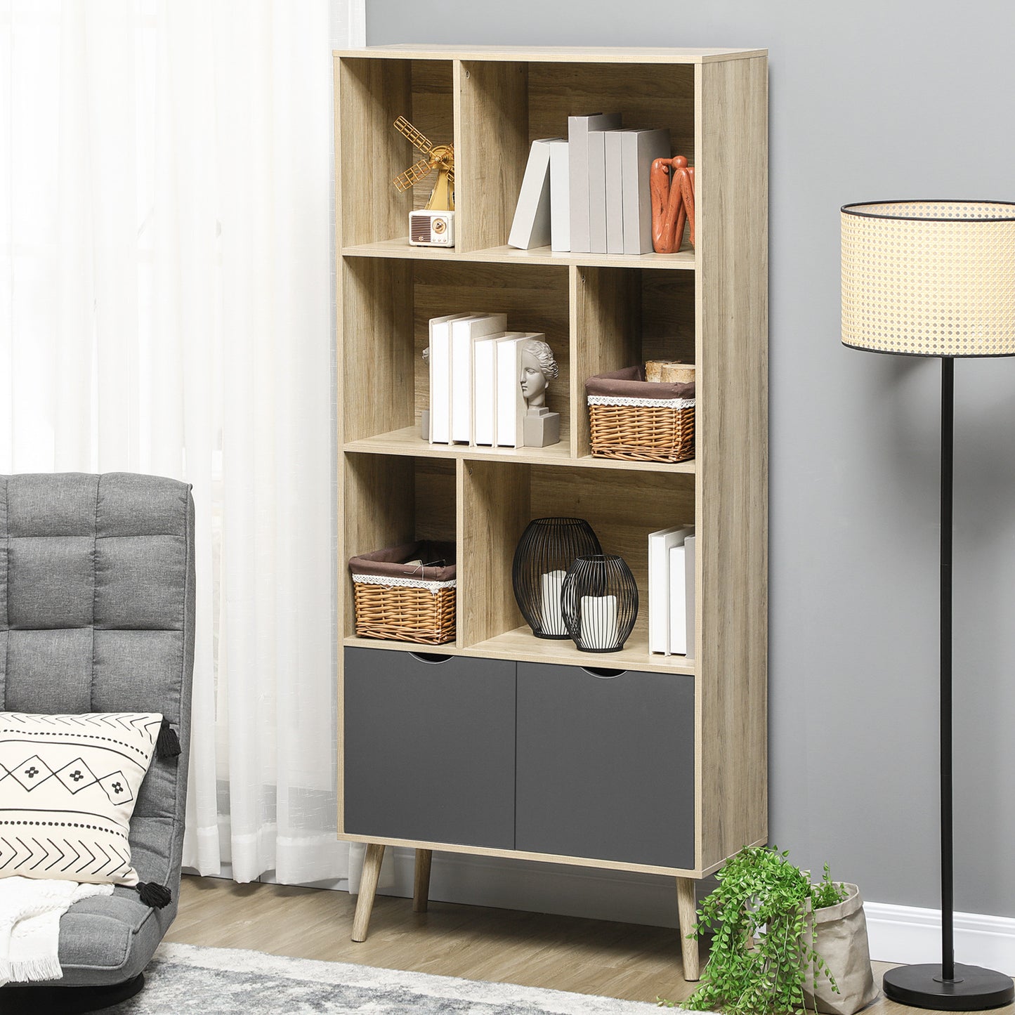 Moderne Opbergkast – Boekenkast – Kast met Deuren – Vakkenkast – Opbergmeubel – Natuurlijk Hout – 6 Open Planken – Anti-Kantel Systeem – Compact 80x35x180 cm