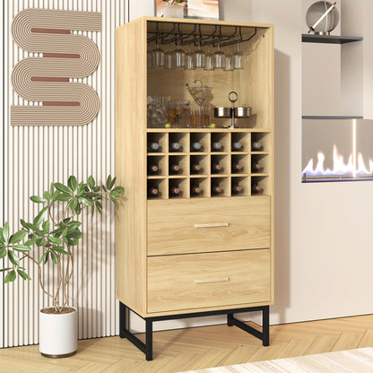 Wijnrek – Wijnkast – Flessenrek – Wijnopslag – Wijnfleshouder – Beige Houten Design – 18 Vakken Met 2 Lades – Matte Zwarte Metalen Pootjes