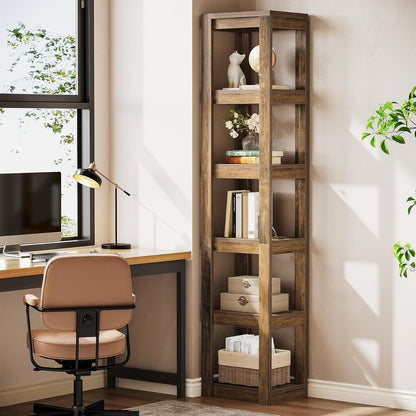 Boekenplank – Boekenrek – Wandplank – Boekenhouder – Hoekboekenkast – Vrijstaand – 6-laags – Smal en 180 cm Hoog – Rustiek Bruin Hout