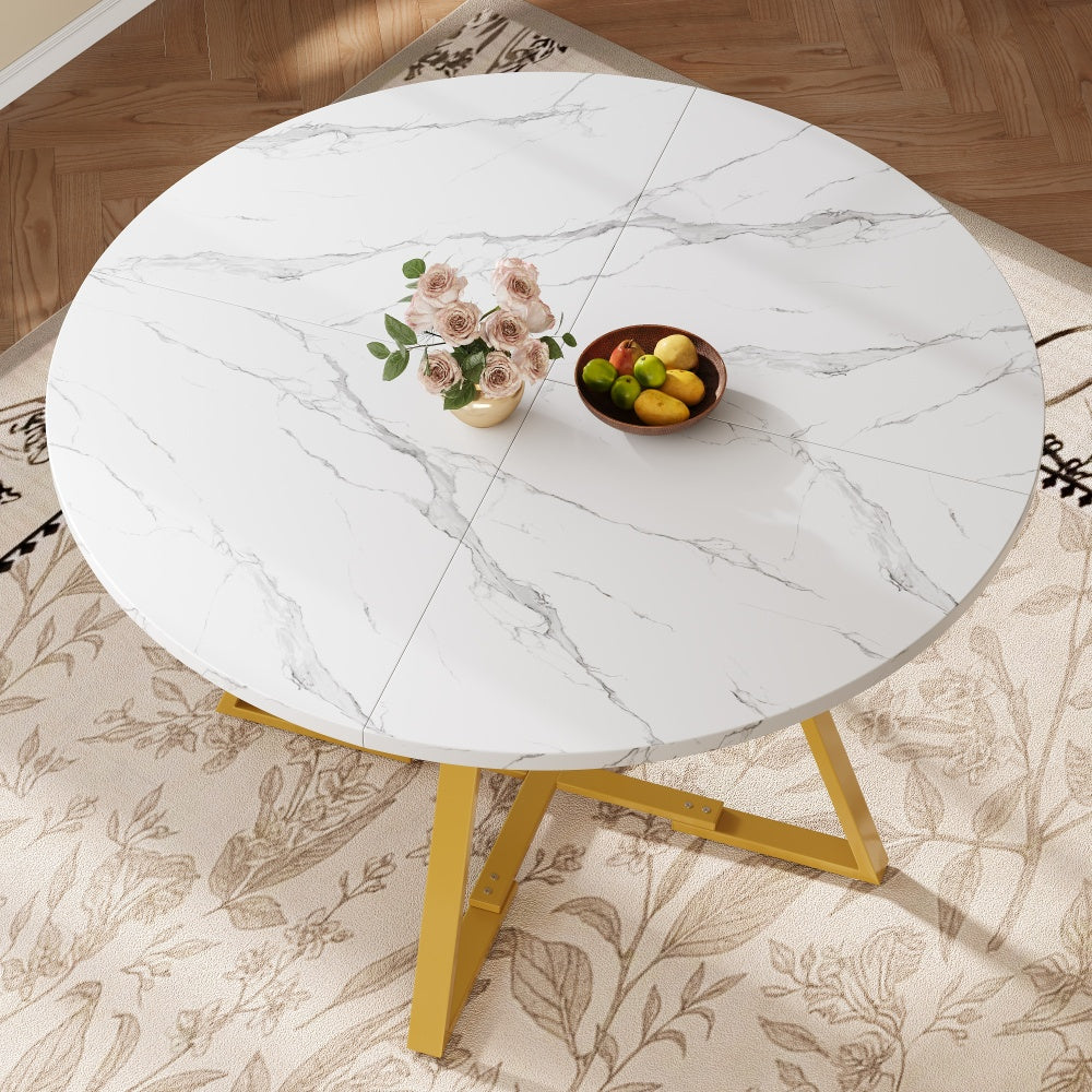 Ronde Eettafel – Eettafel Rond – Ronde Tafel – Tafel Marmerlook – Ronde Eetkamertafel – Marmerlook Tafelblad – Metalen Zwarte Poot – Eigentijds Ontwerp
