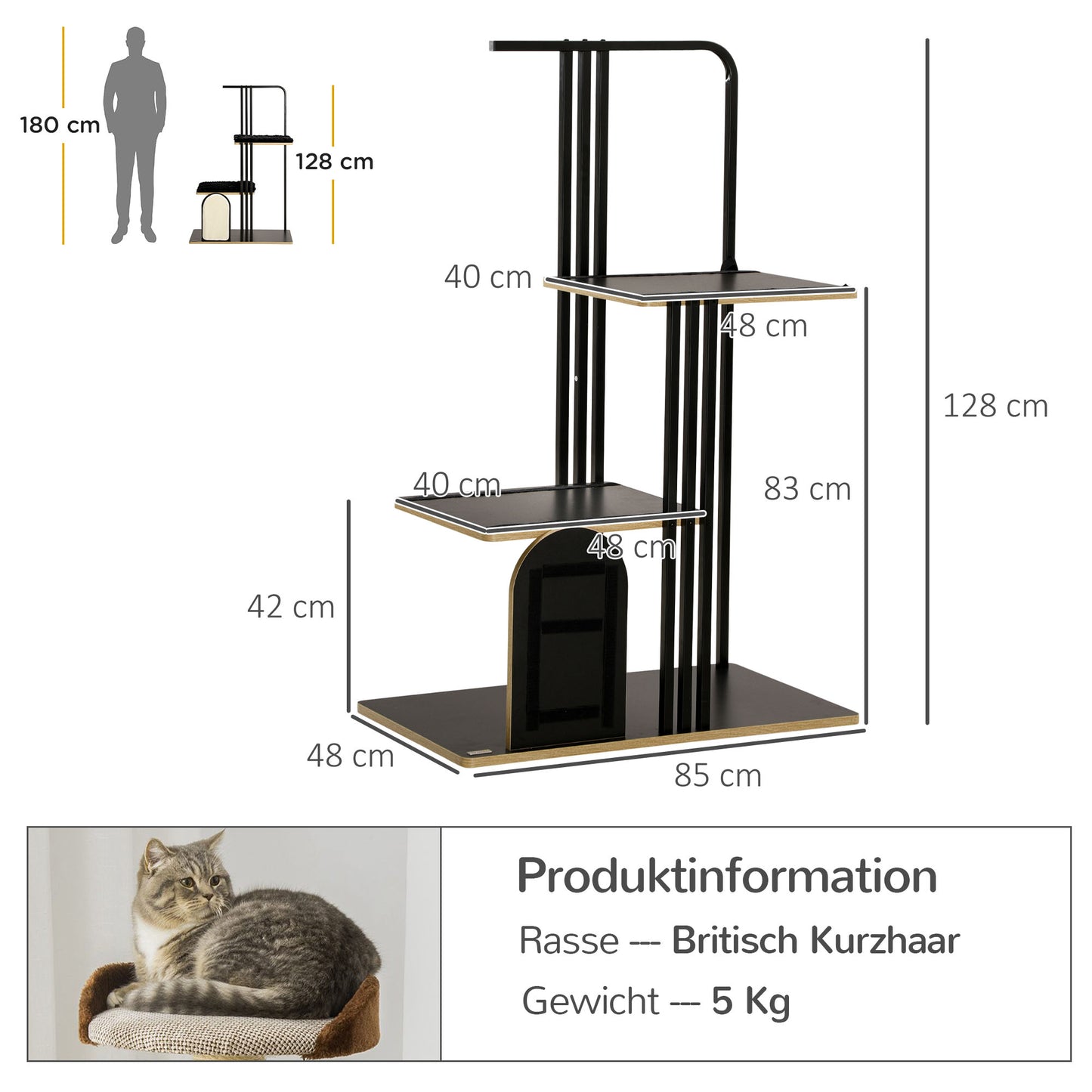 Krabpaal – Krabmeubel – Krabton – Kattenmeubel – Krabpaal Industrieel – Stalen Frame – 2 Platforms Met Wasbare Kussens – Natuurlijke Sisal Krabwand – Zwart – 85x48x128 cm