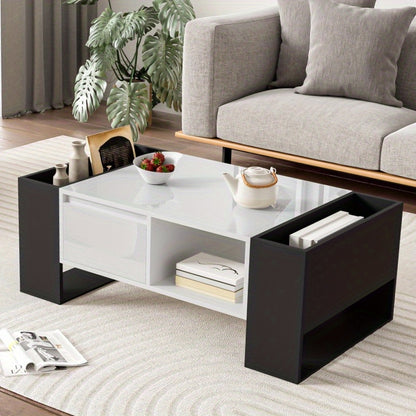 Salontafel – Koffietafel – Woonkamertafel – Tafeltje – Bijzettafel – Modern Design – Hoogglans Zwart – Metaal – Opberglade – 105x60x40,5 cm