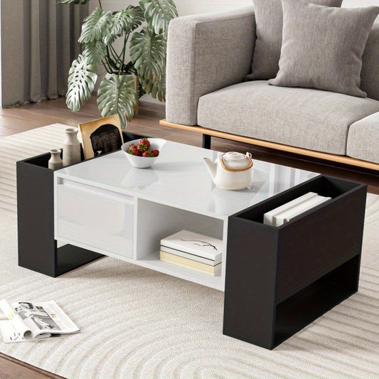 Salontafel – Koffietafel – Woonkamertafel – Tafeltje – Bijzettafel – Modern Design – Hoogglans Zwart – Metaal – Opberglade – 105x60x40,5 cm