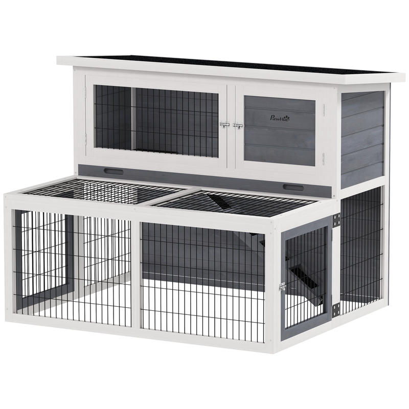 Konijnenhok – Knaagdierverblijf – Cavia Ren – Bunny Cage – Kleine Huisdierkooi – 2-laags Houten Ren – Inklapbaar Dak – Winterbestendig Design – 122x95x93,5 cm