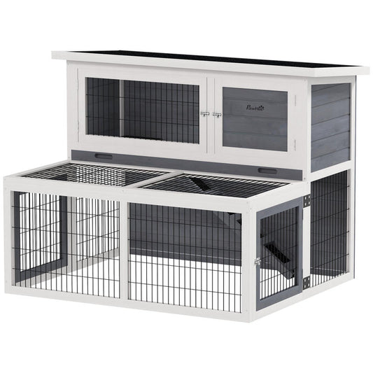 Konijnenhok – Knaagdierverblijf – Cavia Ren – Bunny Cage – Kleine Huisdierkooi – 2-laags Houten Ren – Inklapbaar Dak – Winterbestendig Design – 122x95x93,5 cm