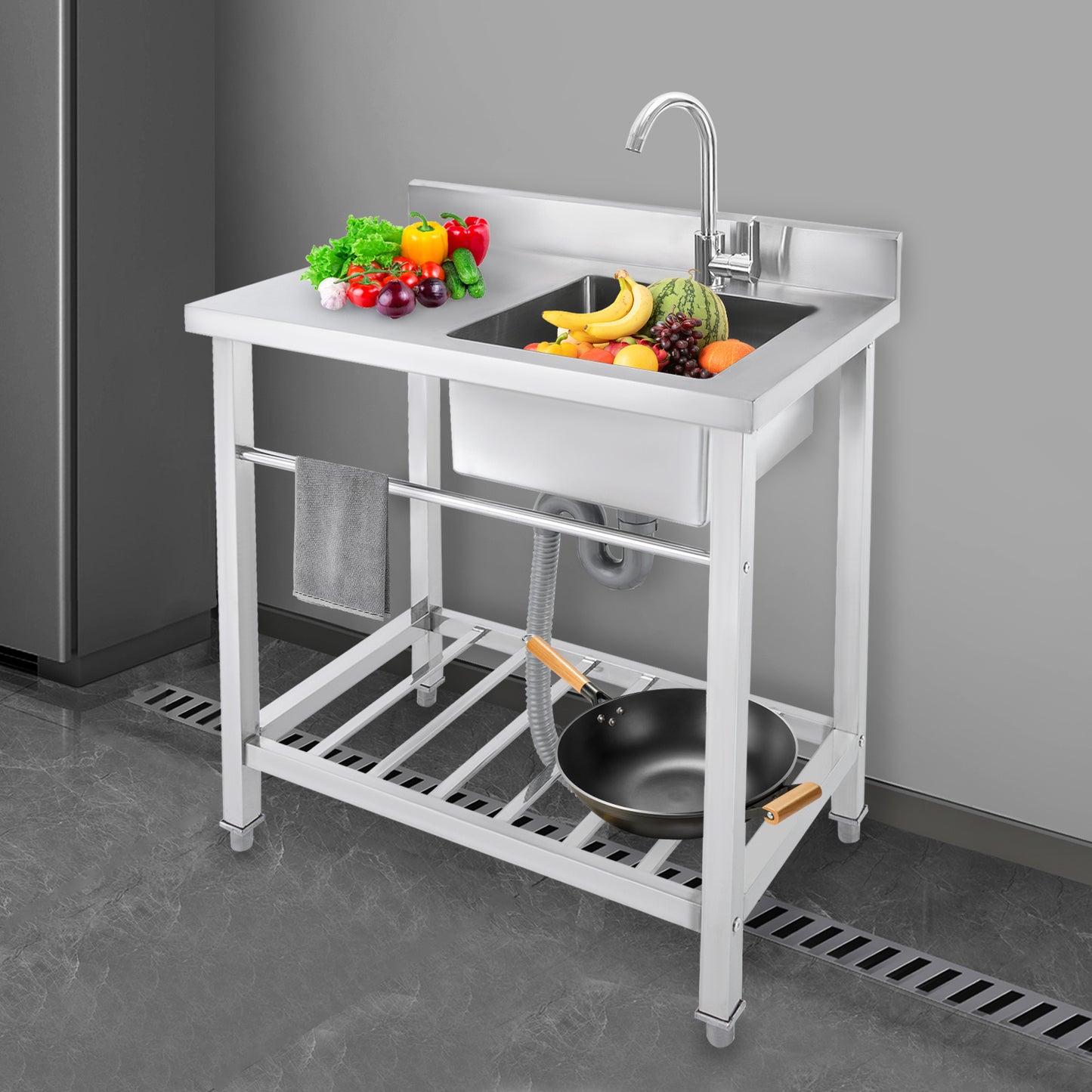 TOOL1SHOOO freestanding kitchen sink 201, stainless steel Silvery, modern rectangular design, equipped with 360° rotating faucet, X-shaped drainage guide line, suitable for kitchen, bathroom, restaurant, bar, and laundry roo
