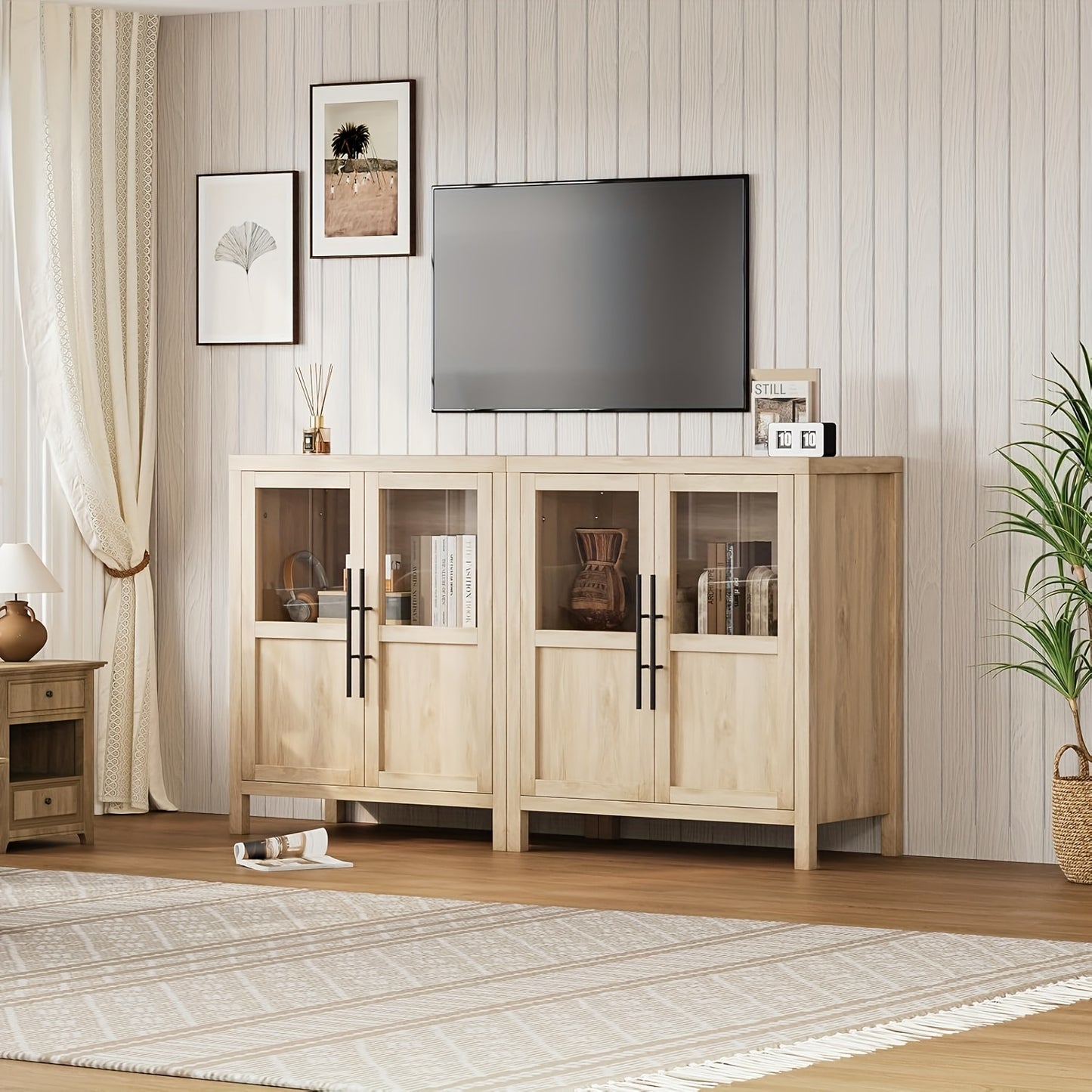 Buffetkast – Sideboard – Dressoir – Opbergkast – Woonkamerkast – 73,7 cm breed – Hoogwaardig MDF met glasdeur – Natuurlijke houtkleur – Eenvoudige montage – Duurzame afwerking