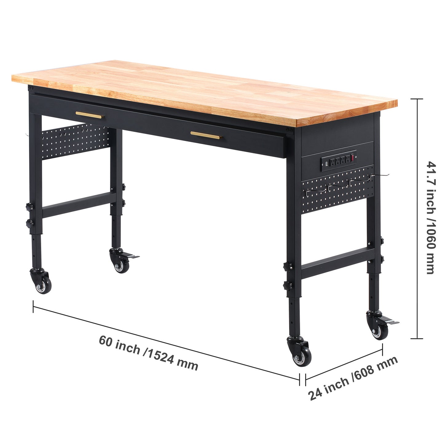 Werkbank – Werktafel – Werkbank Op Wielen – Werkplekken – Klusbank – Verstelbare Hoogte 78-106 cm – Ingebouwd Stopcontact & Lade