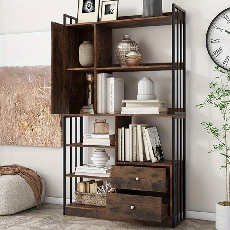 Boekenkast – Boekenrek – Opbergkast – Vakkenkast – Stellingkast – Industrieel Design – 6 Planken Met Deuren En Lades – Stalen Antiek Bruine Afwerking – Vloer Tot Plafond Hoogte