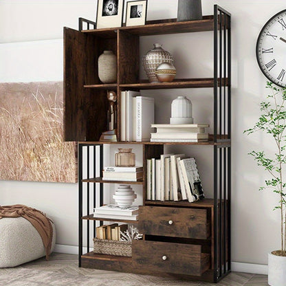 Boekenkast – Boekenrek – Opbergkast – Vakkenkast – Stellingkast – Industrieel Design – 6 Planken Met Deuren En Lades – Stalen Antiek Bruine Afwerking – Vloer Tot Plafond Hoogte