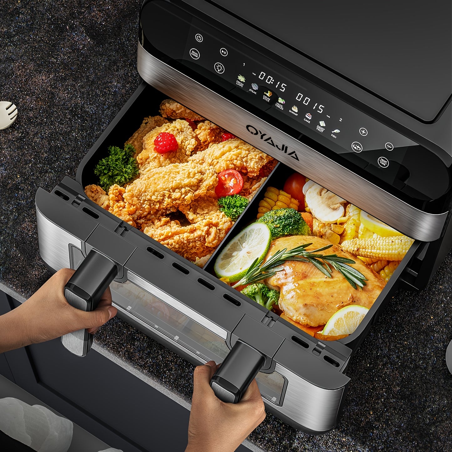 9L Dual Basket Air Fryer with Dual Cooking Zones (4.5L+4.5L Pots) - 2400W High-Power Fast Cooking, 8-in-1 Presets, Touchscreen & Visible, ABS & Suitable for, Gatherings, Restaurants