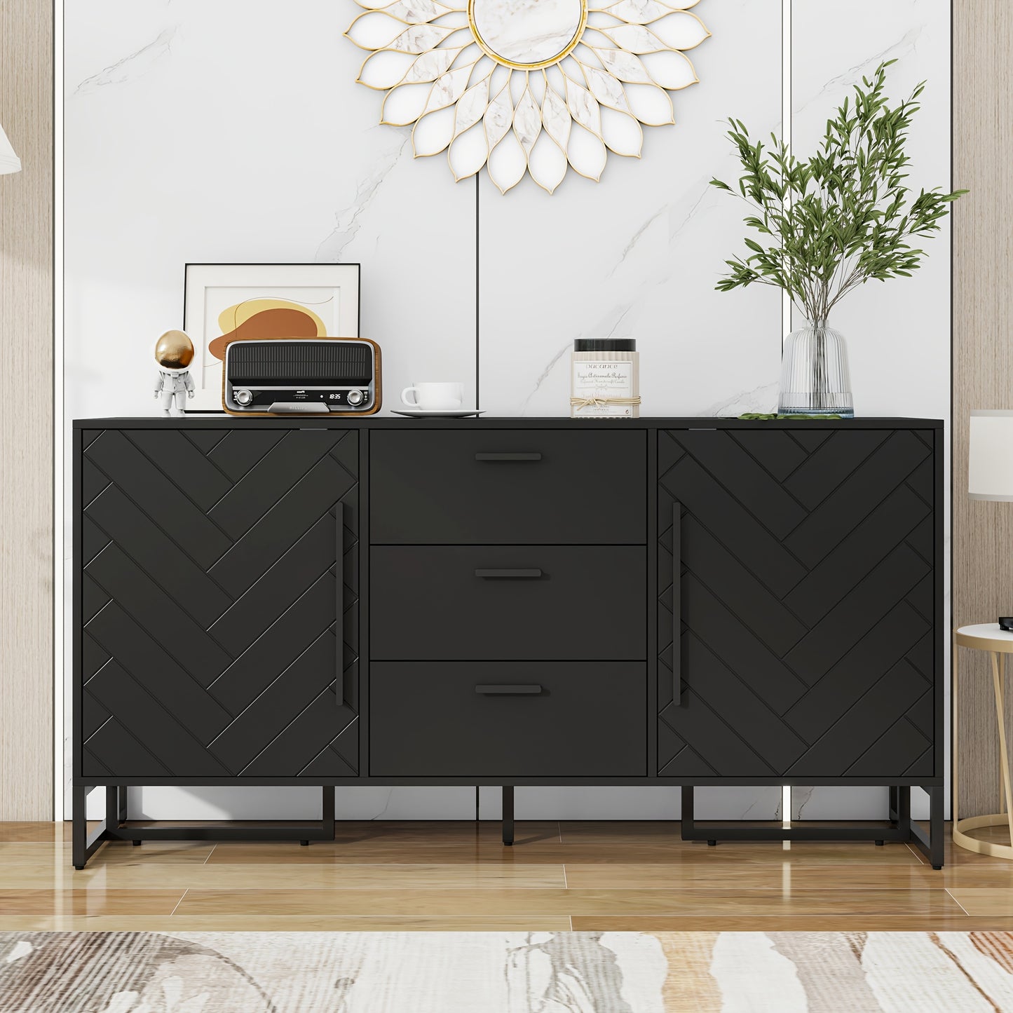 Modern Black Sideboard Cabinet with Herringbone Pattern - Heavy-Duty Metal Construction, 2 Doors & 3 Drawers, Freestanding Storage Organizer for Living Room, Kitchen, Dining Room - Contemporary Home Decor Furniture, Kitchen S
