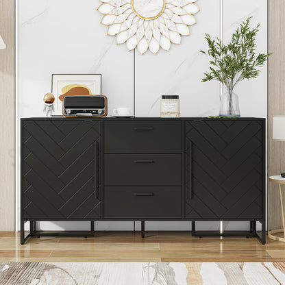 Modern Black Sideboard Cabinet with Herringbone Pattern - Heavy-Duty Metal Construction, 2 Doors & 3 Drawers, Freestanding Storage Organizer for Living Room, Kitchen, Dining Room - Contemporary Home Decor Furniture, Kitchen S