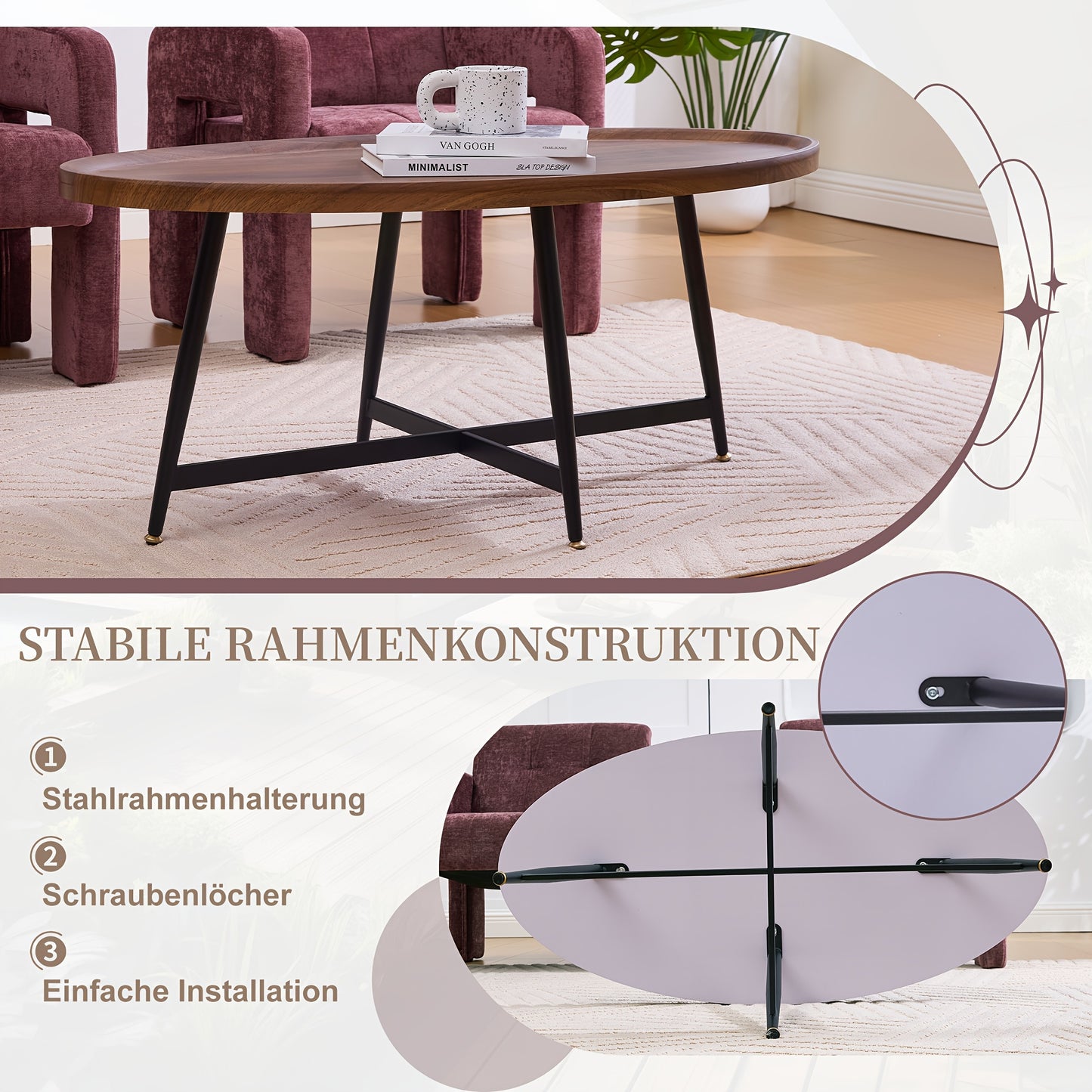 Salontafel Ovalen – Koffietafel – Bijzettafel – Tafel – Woonkamertafel – Bruin – Scandinavisch Design – Stevig Metalen Frame