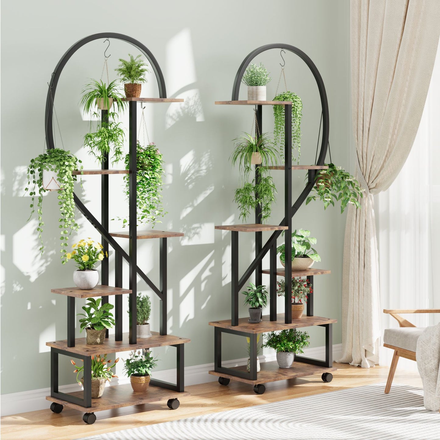 Plantenrek – Plantenstandaard – Plantentafel – Plantenrekken – Bloemenrek – 2 stuks 6 niveaus – Met laden en afneembare wieltjes – Stevig metalen half-hartvormig design