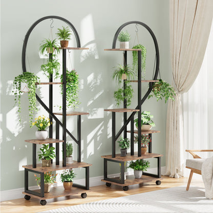 Plantenrek – Plantenstandaard – Plantentafel – Plantenrekken – Bloemenrek – 2 stuks 6 niveaus – Met laden en afneembare wieltjes – Stevig metalen half-hartvormig design