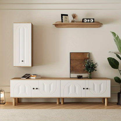 Tv-meubel – TV-kast – TV-dressoir – Wandmeubel – Media meubel – 3-delige set – Wit met beige houtlook – Opbergruimte met reliëfdeuren