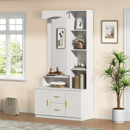 Multifunctional Entryway Cabinet with Storage Space, Shoe Cabinet, and Mirror | 2 Drawers and 2 Cabinets, Drawer Unit with Shelves, White, Floor Mount, Classic Style