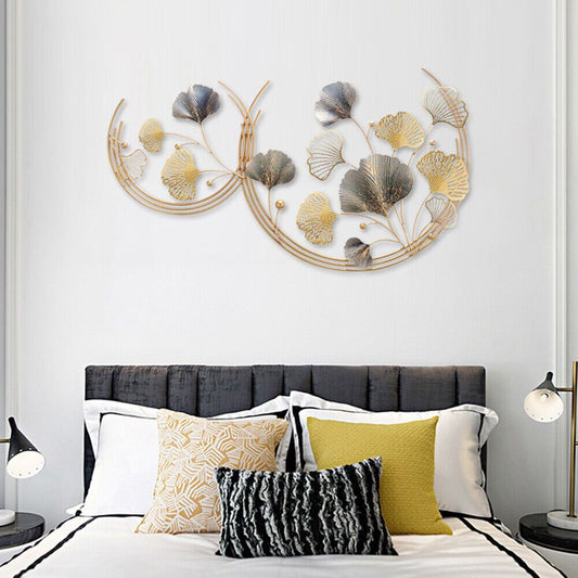 Ginkgo Biloba Wanddecoratie – Wandkunst – Muurdecoratie – Metaal Kunstwerk – Bladdecoratie – Gouden Kleur – Duurzaam Metaal – Groot en Klein Set