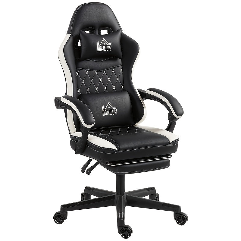Gamingstoel – Computerstoel – Bureaustoel – Gamestoel – Draaistoel – Verstelbare Hoogte – Inclusief Voetensteun en Ergonomisch Kussen – Zwart-Witte Katoenen Bekleding