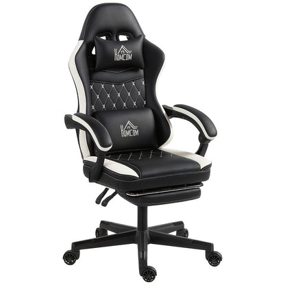 Gamingstoel – Computerstoel – Bureaustoel – Gamestoel – Draaistoel – Verstelbare Hoogte – Inclusief Voetensteun en Ergonomisch Kussen – Zwart-Witte Katoenen Bekleding