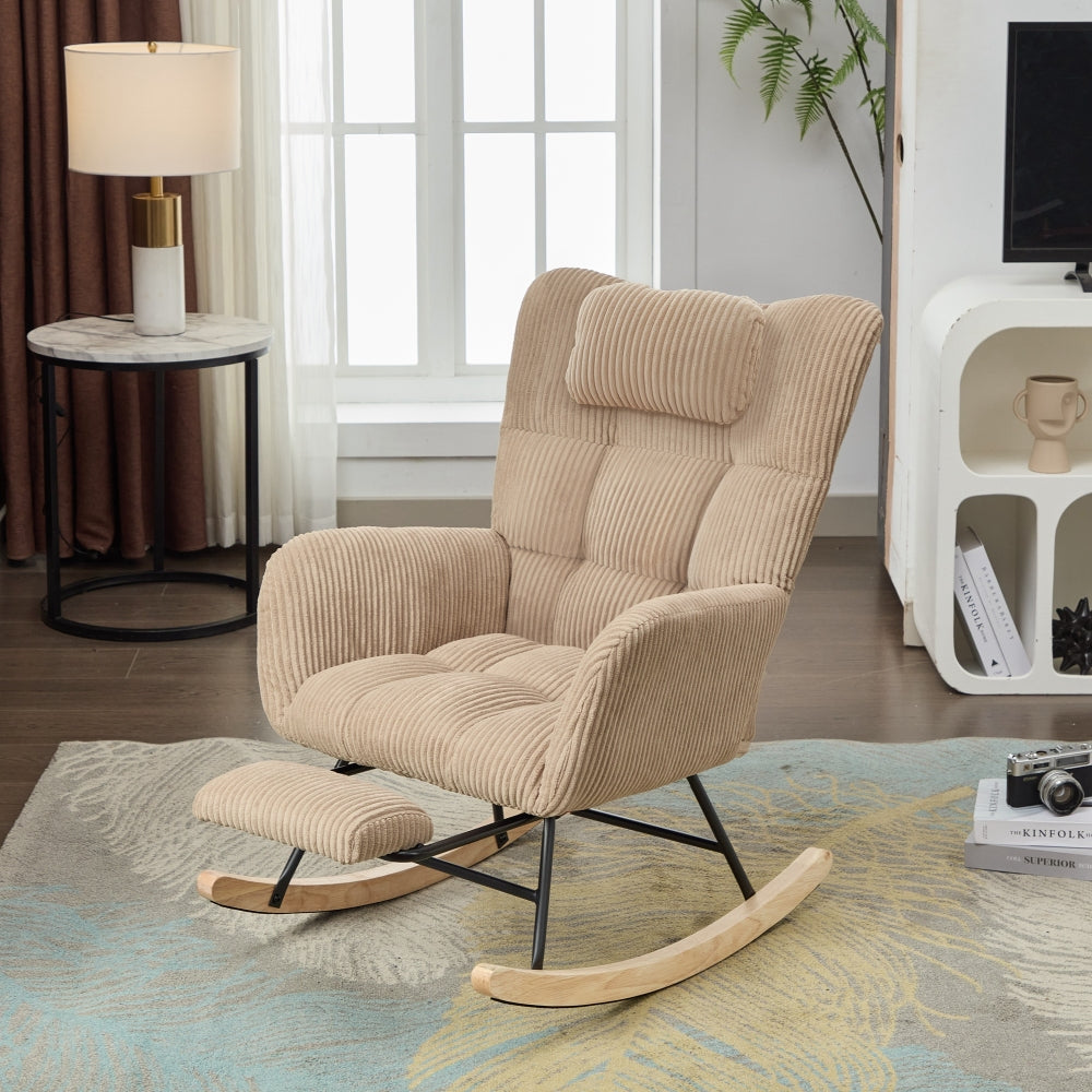 Rocking Chair with Invisible Rocker Base & Neck - Soft Upholstered High-Back Brown Armchair, - Padded Seat, Easy Assembly, Durable Metal-Free Fabric for, & Room (No Wood)