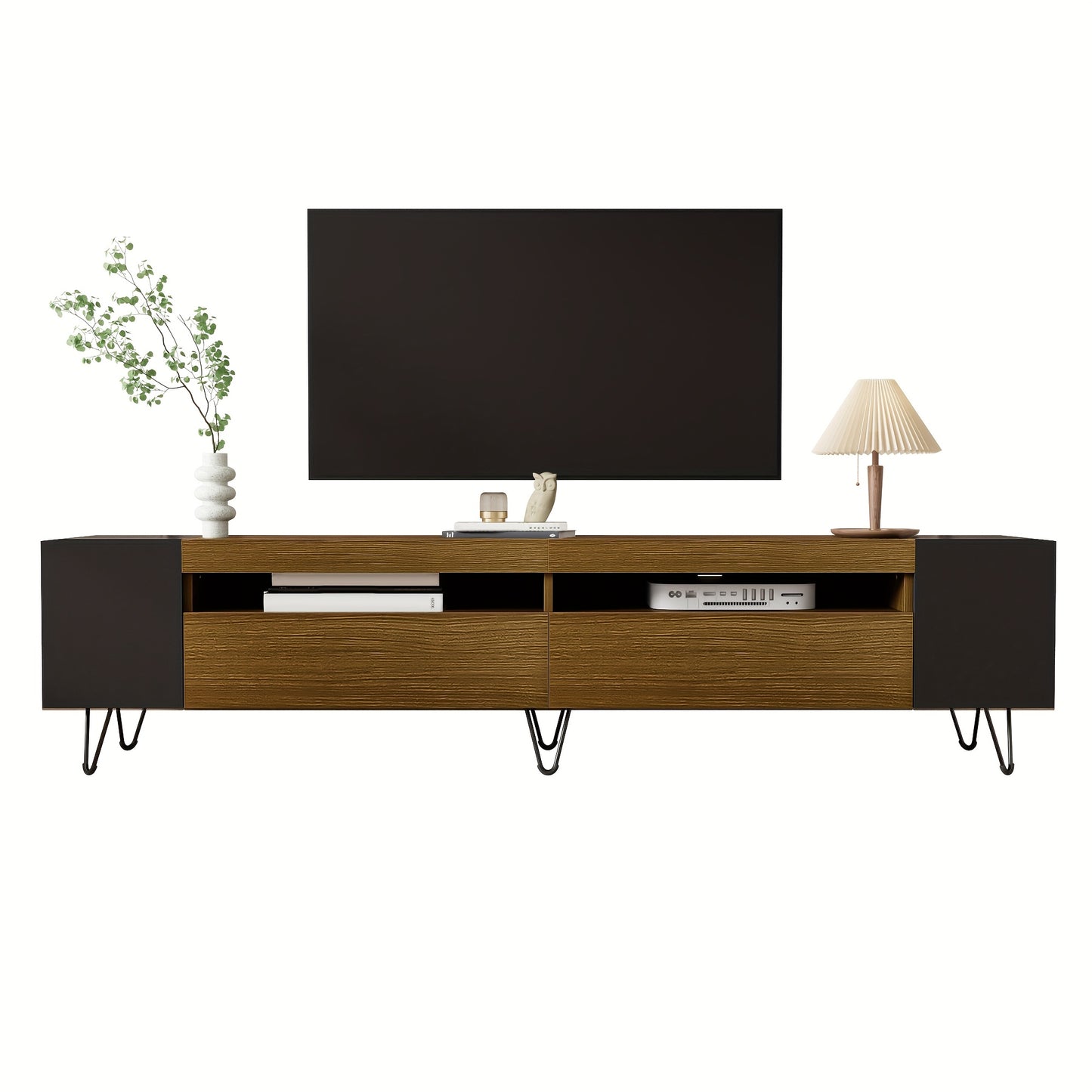 Modern TV Stand 180cm - Black & Wood Finish Engineered Wood & Composite Construction, Minimalist Design with Open Shelves & Closed Storage, Sturdy Metal Legs for Living Room, Bedroom, Home Theater, Tv Table for Living Room