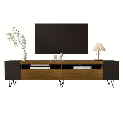 Modern TV Stand 180cm - Black & Wood Finish Engineered Wood & Composite Construction, Minimalist Design with Open Shelves & Closed Storage, Sturdy Metal Legs for Living Room, Bedroom, Home Theater, Tv Table for Living Room