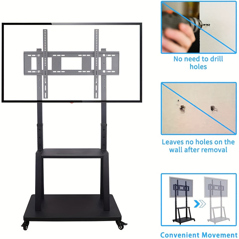 TV Meubel Mobiel – Mobiele TV Standaard – TV Trolley – Verrijdbare TV-Standaard – Verrijdbaar TV-Meubel – voor 32-100 inch Schermen – Verstelbare Hoogte – Stevig Metaal – max. 80 kg Draagkracht – 2 Opberglepels – VESA tot 800x600 mm