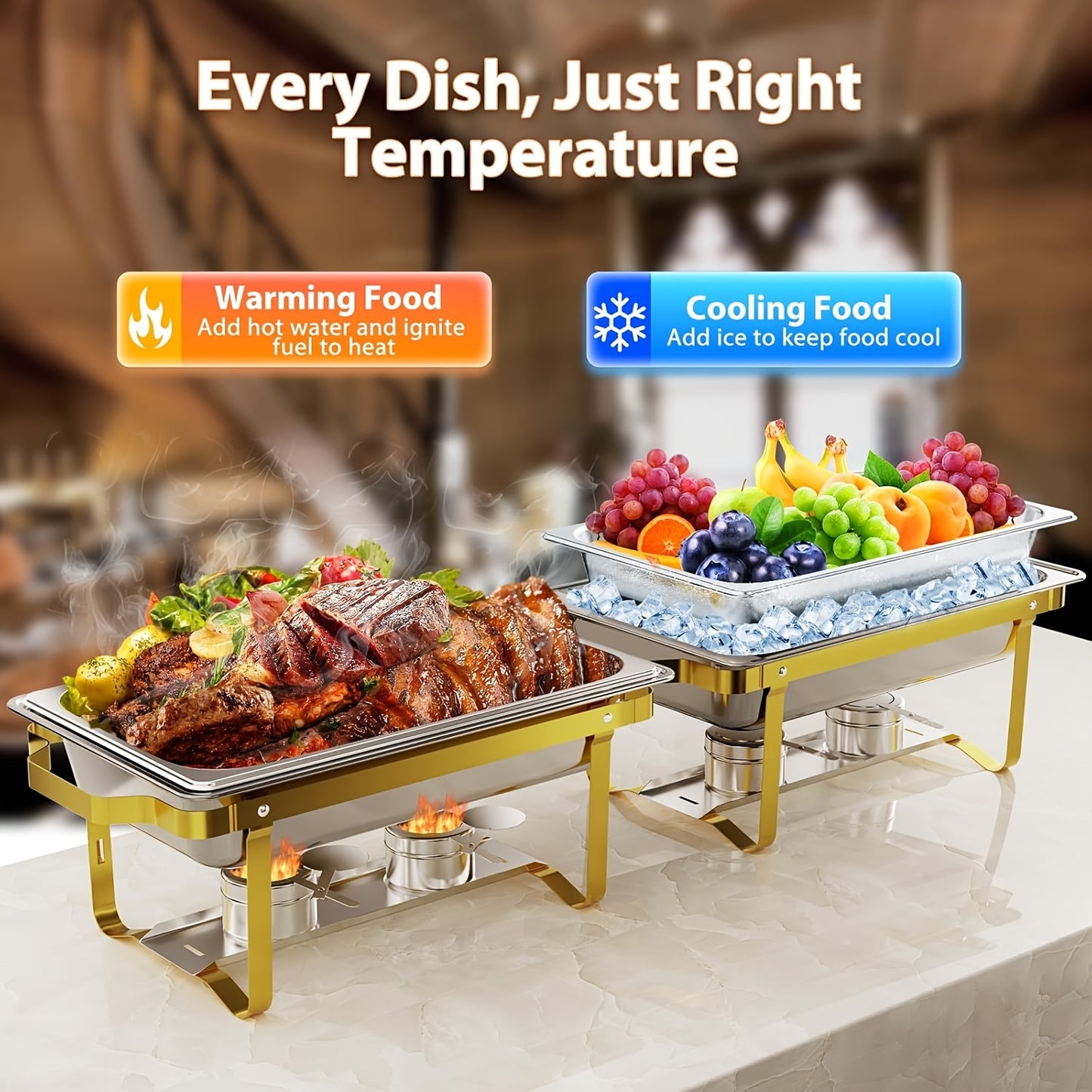 Chafing Dish Set – Buffet Warmhouders – Voedselwarmer – Warmhoudbak – Catering Bakken – 4-Delige Set – Roestvrij Staal – Inclusief Gouden Serveertangen