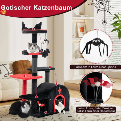 Gothic Kattenklimrek – Kattenboom – Kattenhuis – Krabpaal – Kattenmeubel – Rood/Zwart – 6 Niveaus – Zachte Ligplek 50x35 cm