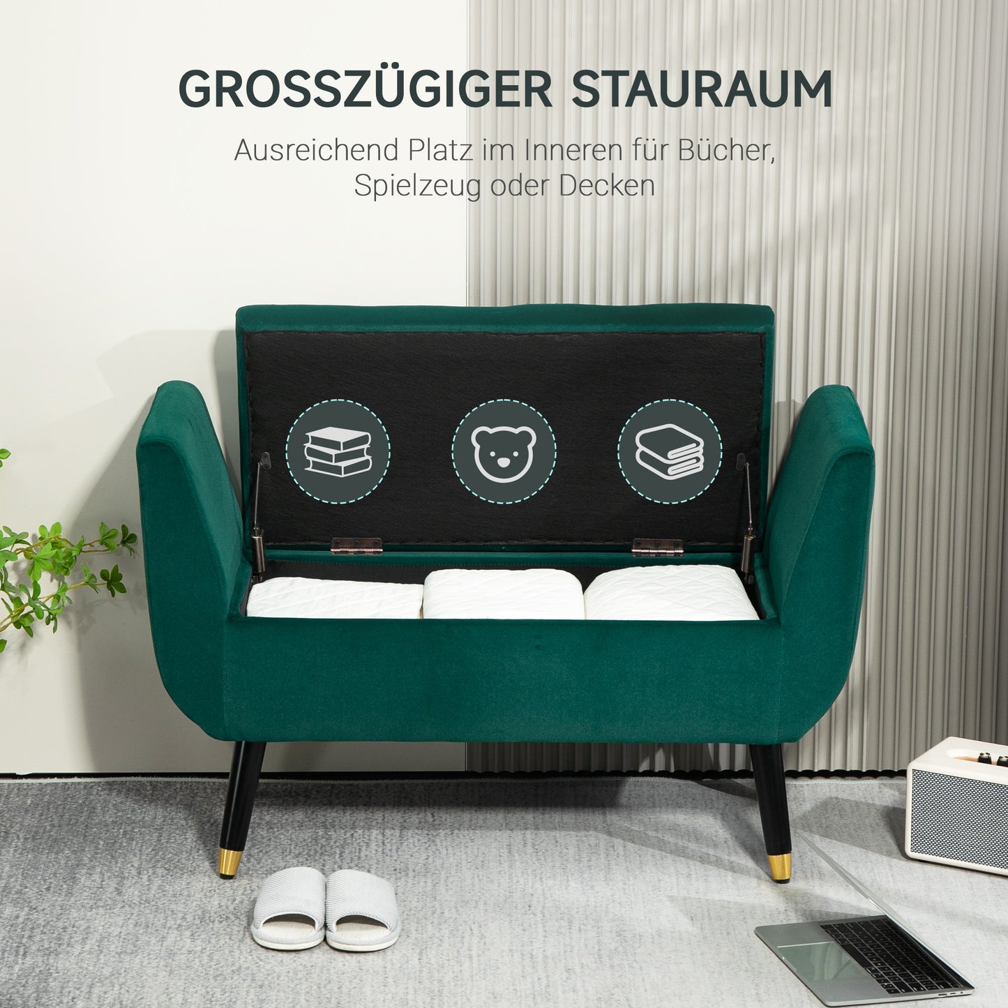 Sofa Bench – Schoenenbank – Opbergbank – Halbank – Zitbank – Met Opbergruimte – Fluweelachtig Polyester – Stevige Rubberhouten Poten – 107 x 42 x 65 cm – Diepgroen