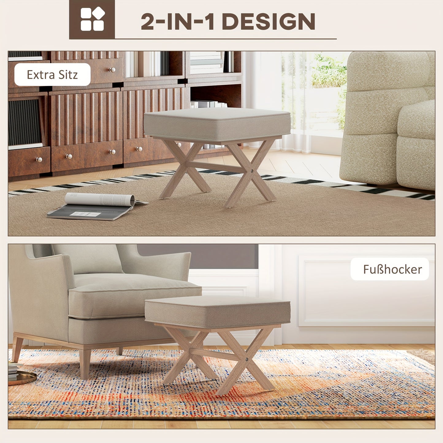 Poef – Kruk – Voetenbankje – Hocker – Zitzak – Gestoffeerd Linnen Look – Houten Onderstel – Anti-slip Mat – Licht Beige