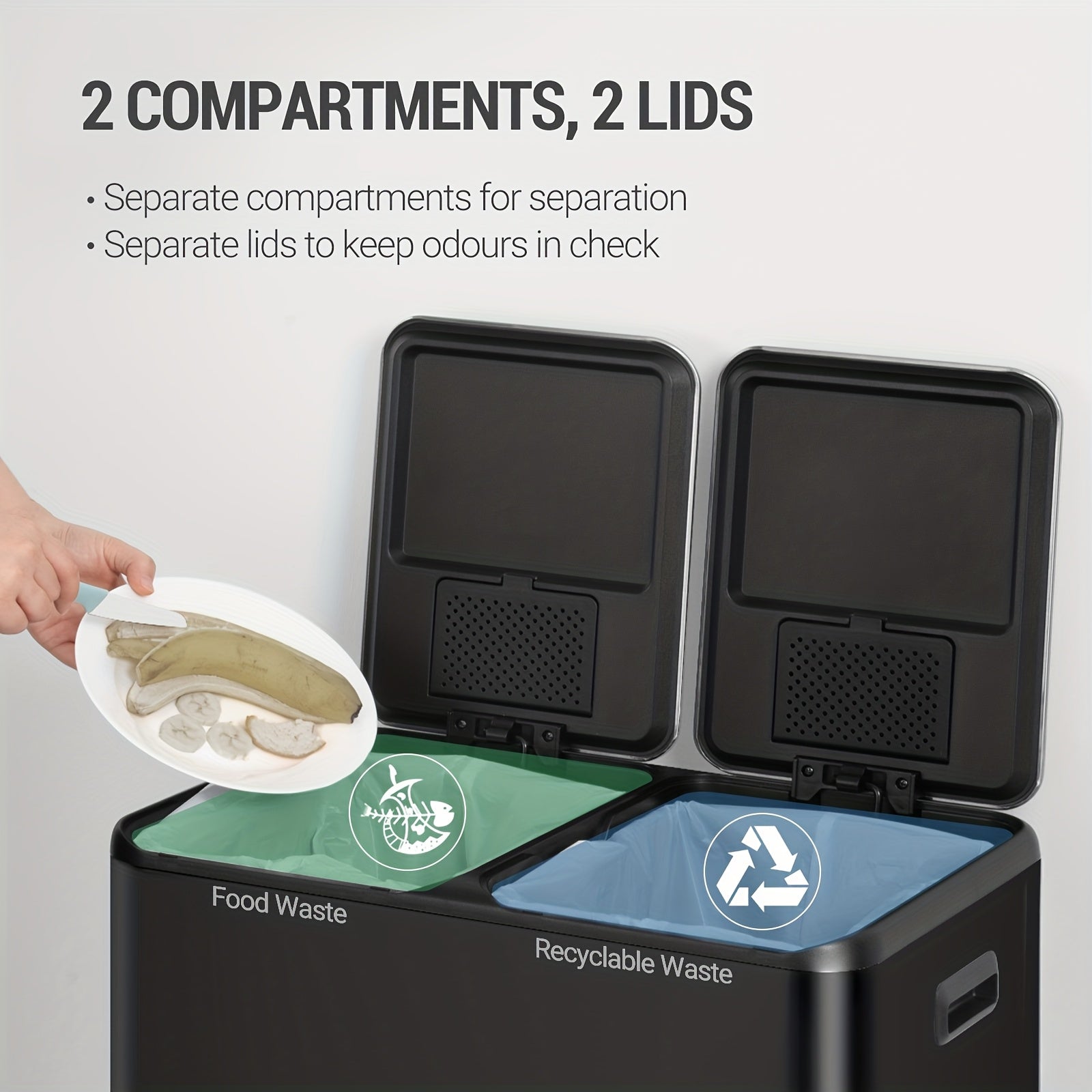 Kitchen Waste Bin, Waste Sorting System, 2 Compartments 60L (2 X 30L), Stainless Steel Kitchen Waste Bin, Pedal Bin, Quiet And Slow Lowering, with 15 Special Waste Bags Laundry Hampers - QUORE