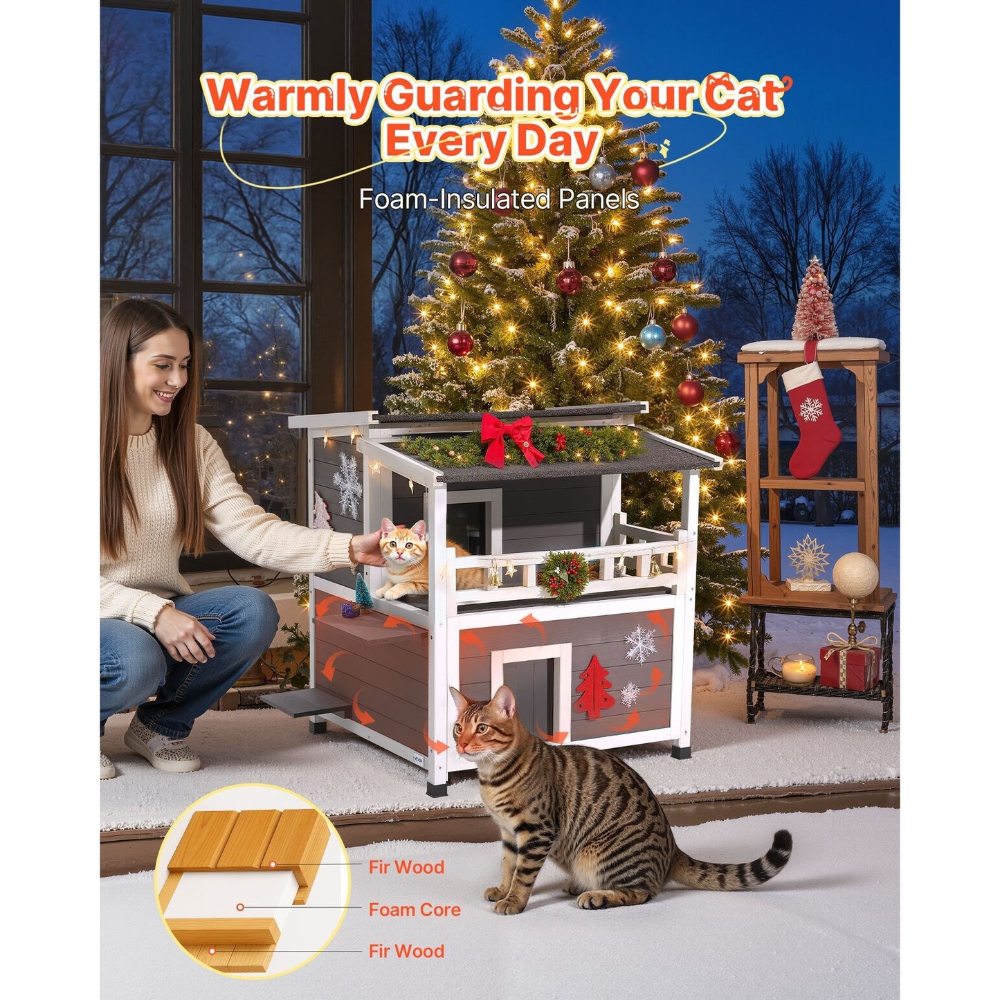 Kattenhuis – Buitenhuis Kattenhok – Kattenverblijf – Kattenhuisje – 2-Verdiepingen Houten Kattenhuis – Geïsoleerd Met Schuim – Weerbestendig En Ruim Voor 1-3 Katten
