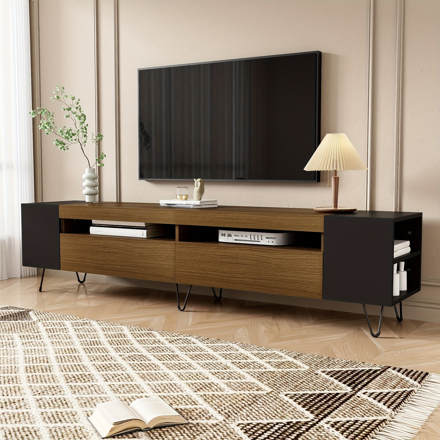 Modern TV Stand 180cm - Black & Wood Finish Engineered Wood & Composite Construction, Minimalist Design with Open Shelves & Closed Storage, Sturdy Metal Legs for Living Room, Bedroom, Home Theater, Tv Table for Living Room