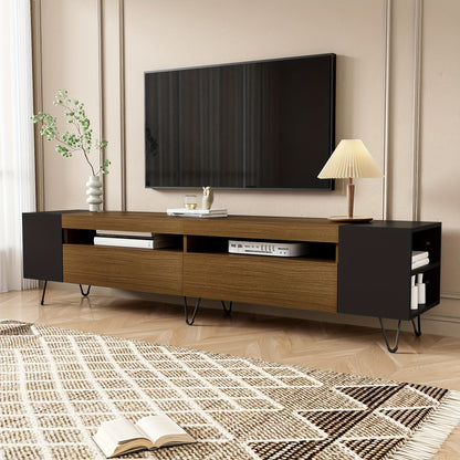 Modern TV Stand 180cm - Black & Wood Finish Engineered Wood & Composite Construction, Minimalist Design with Open Shelves & Closed Storage, Sturdy Metal Legs for Living Room, Bedroom, Home Theater, Tv Table for Living Room