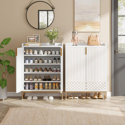 Schoenenkast – Schoenenrek – Schoenopberger – Schoenentoren – Schoenenkast Smal – Wit Met Gouden Metaal – 25 Paar Capaciteit – Modern Design