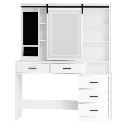 Make-up Tafel – Kaptafel – Schminktafel – Vanity Table – Toogtafel – Verstelbare LED-verlichting – Grote Draaiende Spiegel – Wit – 5 Lades – Sieradenopslag