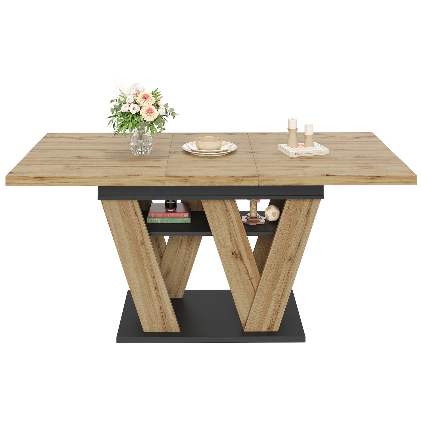 Extendable Dining Table with W-Shaped Legs - Expandable Kitchen Table Suitable for Small Spaces, Pull-Out (119-158.5×80cm), Assembly, Wood Color, Modern Style for Living Room & Dining Room