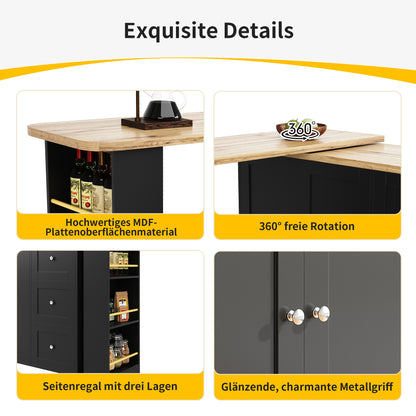 Dressoir – Sideboard – Opbergkast – Ladekast – Draaibaar 360° – Uittrekbare Lengte 135-203 cm – Met Wieltjes en Lade